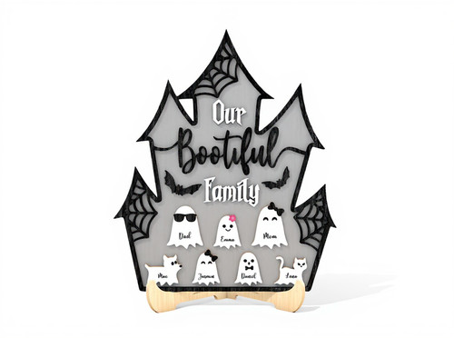 Halloween wood sign personalized with family name and ghost family design, Bootiful pun, charming mantel decor for fall. | Family Wall Decor