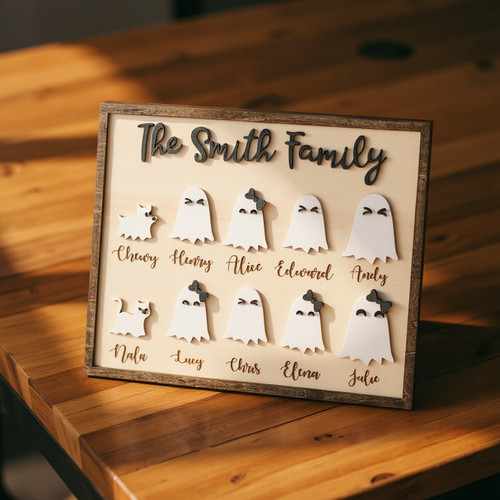 Rustic ghost family wooden sign, personalized with family names for Halloween; spooky wood decor for the home kitchen wall | Familywalldecor