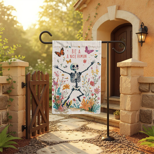 Funny goth skeleton floral garden flag with 'Be a Nice Human' text, vertical Halloween yard decor for porch or garden | Familywalldecor