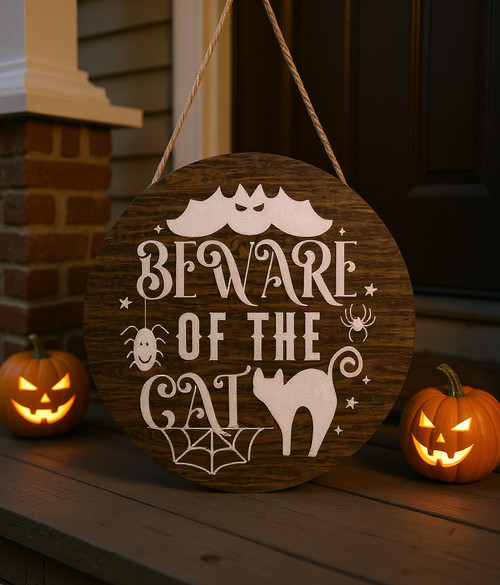 Halloween wood hanging sign with Beware of the Cat, black cat silhouette on rustic wood, spooky entryway or front door decor | Familywalldecor