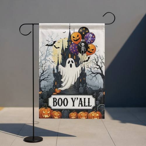 Halloween ghost garden flag with 'Boo Y'all' script, black and orange vertical yard sign for fall porch and trick-or-treat | Familywalldecor