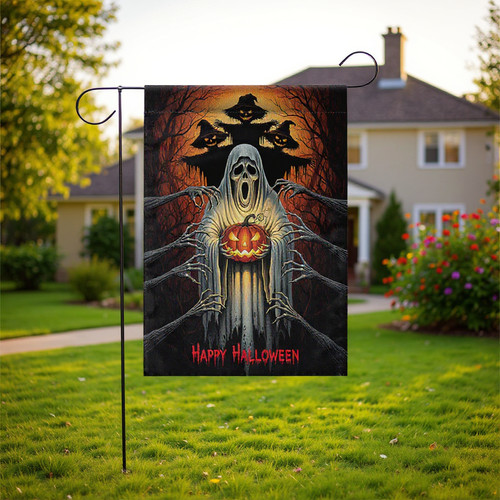 Creepy ghost Halloween garden flag for haunted yard decor, creating a frightful ambiance along garden paths and porches | Familywalldecor