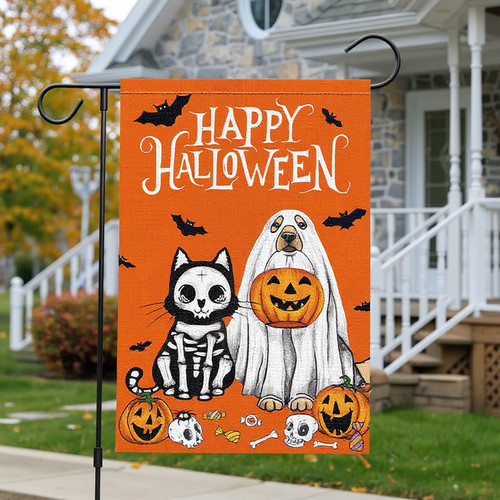 Halloween dog ghost garden flag, double-sided fall yard decor featuring a pup in a sheet costume with pumpkins and bats | Familywalldecor