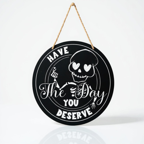 Gothic Halloween skeleton wood sign, humorous wall art for front door decor, rustic wooden plaque for home or office. Features playful skeleton illustration and gothic typography. | Familywalldecor