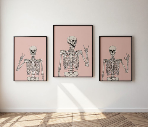 Minimalist skeleton wall art set in dusty pink, funny canvas prints for Halloween party vibes and modern bedroom wall decor | Family Wall Decor