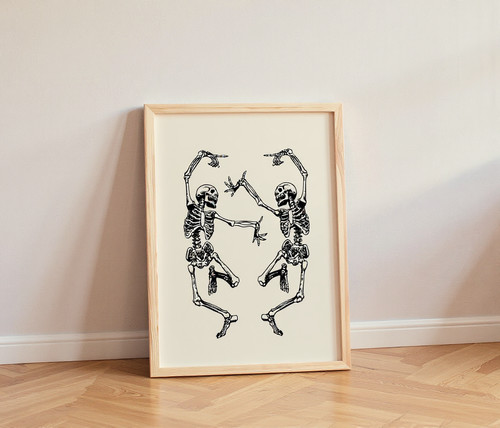 Skeleton wall art canvas in minimalist boho style, chic Halloween decor for living room; neutral tones for stylish accent | Family Wall Decor