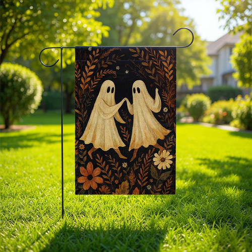 Dancing ghost couple garden flag with cute vintage floral border, whimsical Halloween yard decor for garden, porch, or lawn | Familywalldecor