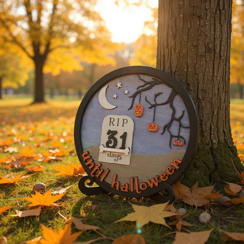 Halloween mini round wood sign countdown, personalized to track days until October 31; small wooden decor for mantel or shelf | Familywalldecor