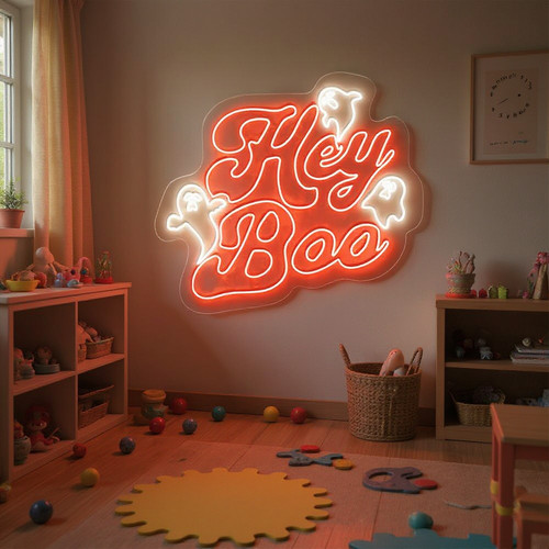 Halloween 'Hey Boo' neon sign with ghost icon, warm white LED on clear acrylic, wall-mounted decor for fall party backdrops. | Familywalldecor