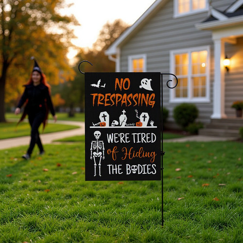 Halloween garden flag with spooky skeleton and No Trespassing warning, yard decor to deter trick-or-treat wanderers | Familywalldecor
