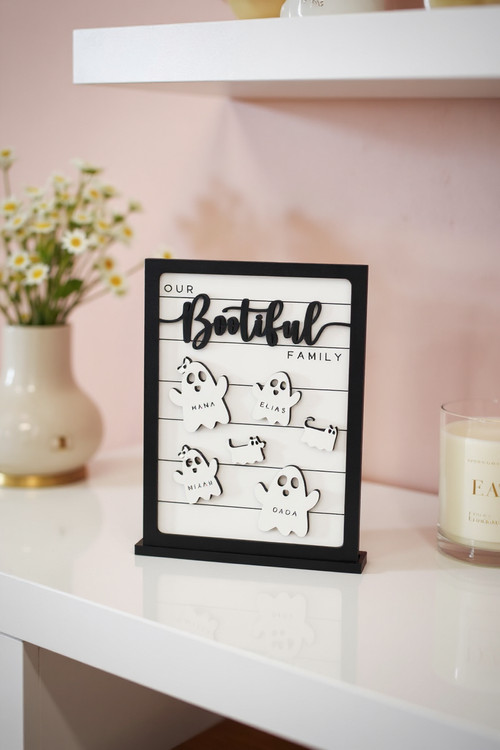 Halloween wood sign personalized with family name, ghost-themed shelf decor in rustic stained finish for mantel display | Family Wall Decor