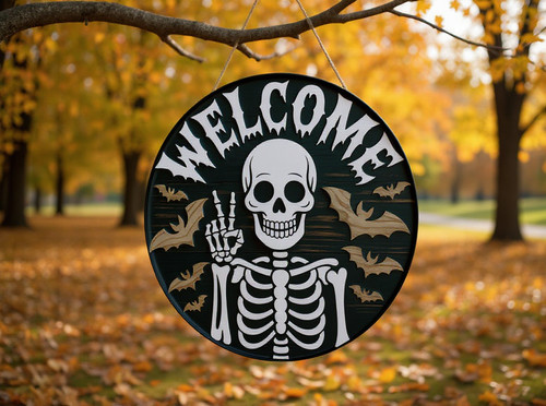 Halloween skeleton welcome sign door decor with bats, round wooden hanger for front door, black-and-orange rustic finish | Familywalldecor