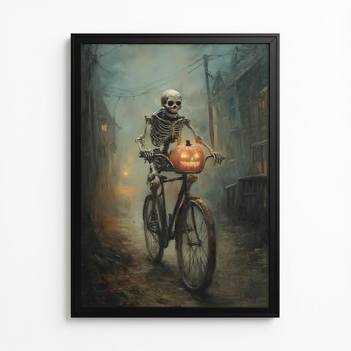 Skeleton wall art canvas with gothic Halloween design for haunted house decor and dark academia style, black monochrome | Family Wall Decor