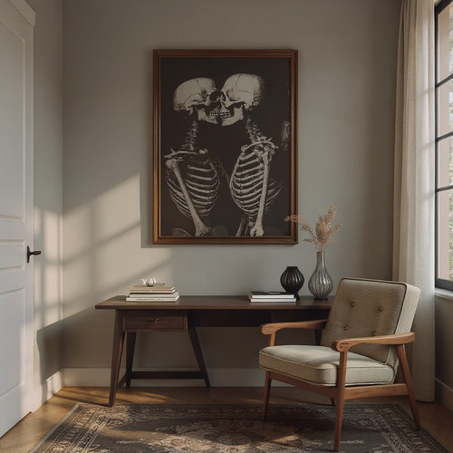 Vintage skeleton couple wall art canvas featuring a romantic kiss, gothic Halloween decor in monochrome, portrait orientation | Familywalldecor