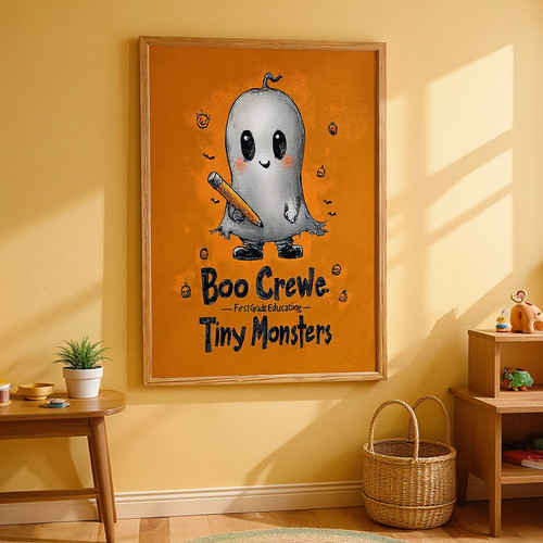 Funny Boo Crew ghost canvas wall art for first grade classroom Halloween decor, playful ghosts for the reading corner. | Family Wall Decor