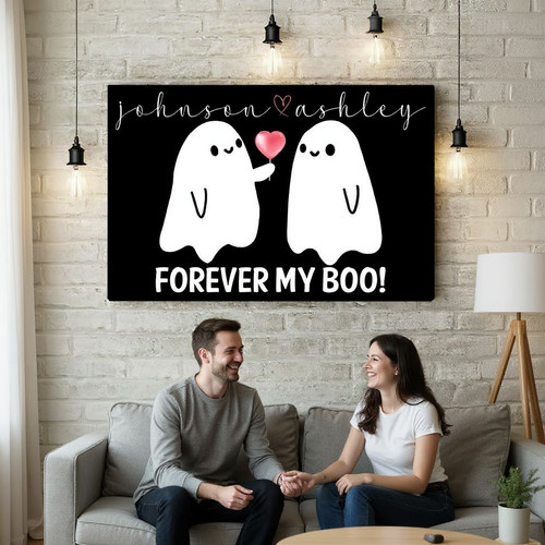 Halloween canvas poster for couples with 'Forever My Boo' text, personalized names and date, orange-black palette, ghost art | Family Wall Decor