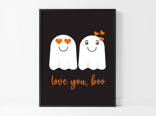 Halloween canvas wall art with Forever My Boo lettering, cute ghost couple, bats in neutral tones for living room | Family Wall Decor