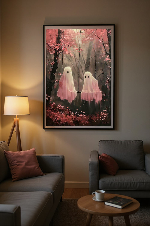 Cute Ghost Trio on Swing Canvas - Retro Surreal Dorm Wall Art Decor | Family Wall Decor