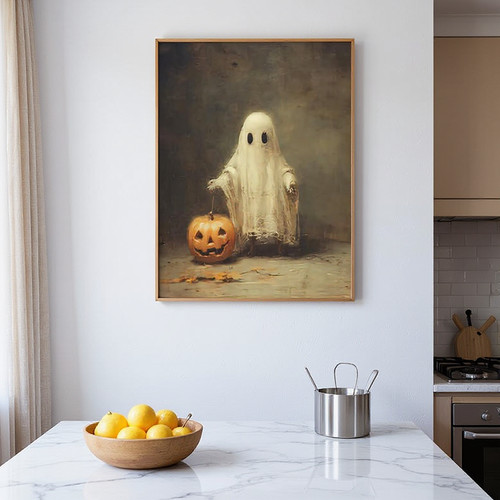 Cute ghost with pumpkin canvas, dark academia Halloween wall art, vintage palette for study or living room decor | Family Wall Decor