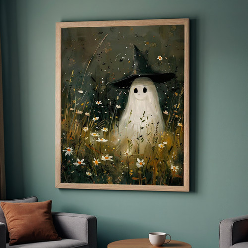 Halloween ghost canvas wall art with a vintage ghost in a witch hat in a spooky wildflower field, dark academia decor | Family Wall Decor