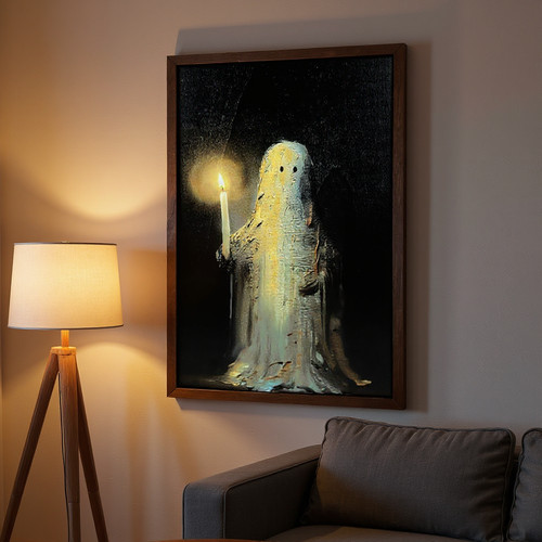 Vintage ghost Halloween canvas wall art, wood-framed decor for bedroom, sepia tones and spooky aesthetic, portrait | Family Wall Decor