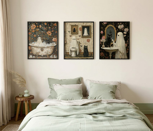 Ghost Halloween canvas bathroom wall art in retro gothic style, funny ghost with soap bubbles, portrait, black and white | Family Wall Decor