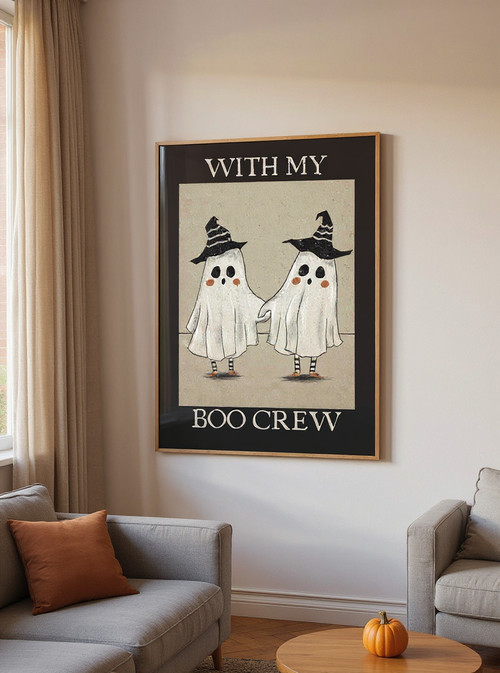 Halloween canvas wall art with cute Boo Crew ghosts in vintage style, customizable names for festive home decor | Family Wall Decor