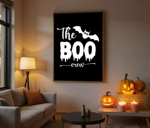 Spooky cute Halloween Boo Crew canvas print in black and white, featuring playful ghosts and Boo Crew lettering | Family Wall Decor