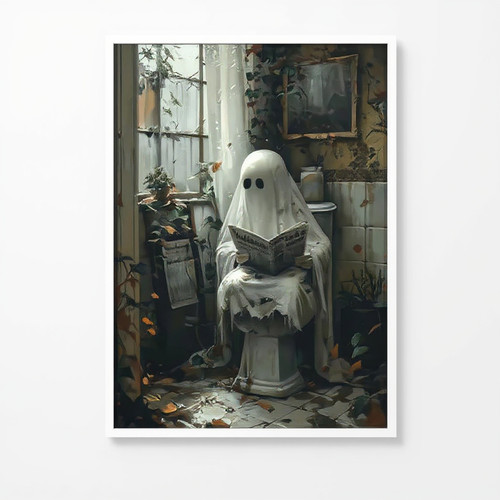 Retro ghost Halloween canvas wall art in dark academia style, monochrome print for moody bedroom or dorm wall decor | Family Wall Decor