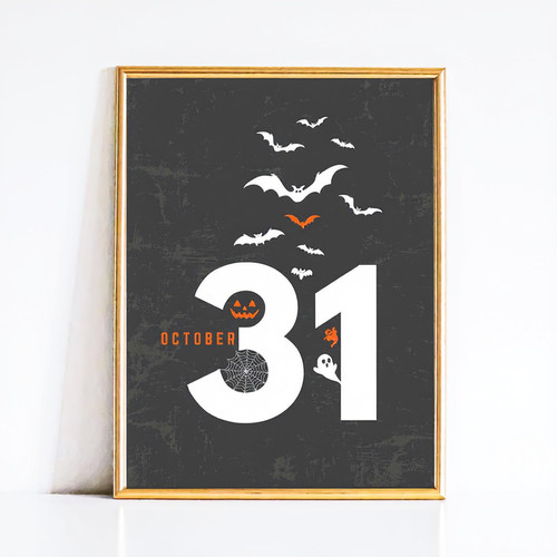 Halloween canvas art with October 31 countdown in neutral palette, minimalist ghost illustration, wall decor for spooky season | Family Wall Decor