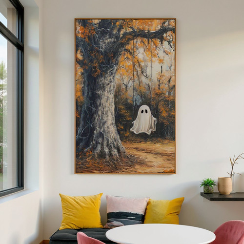 Vintage ghost Halloween canvas wall art, cute gothic illustration, personalized with names and date for spooky home decor | Family Wall Decor