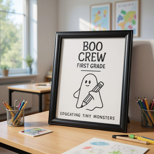 Halloween Boo Crew ghost school canvas wall art for first grade teachers, cute cartoon ghosts with school icons for classroom | Family Wall Decor