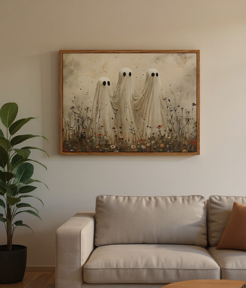 Spooky ghost Halloween canvas wall art in a wildflower meadow, vintage fall palette, earthy tones for living room decor | Family Wall Decor