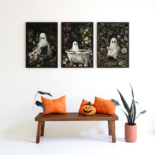 Romantic ghost Halloween canvas set, 3-piece bathroom wall art in vintage gothic style with wildflowers and muted tones | Family Wall Decor