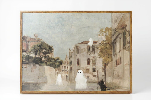 Ghost Halloween canvas gothic vintage wall art, black-and-white specter with moon and bats, portrait piece for living room | Familywalldecor