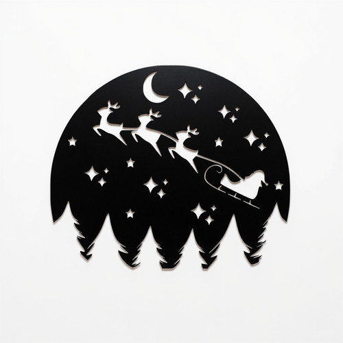 Christmas night scenery metal wall art, matte black silhouette of snowy village, pine trees, moon, Santa sleigh; horizontal | Family Wall Decor CA