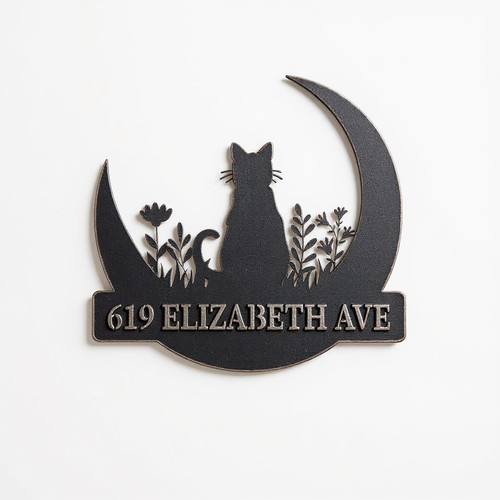 Cat on moon metal sign, personalized house numbers, matte black wall-mounted address plaque for porch, modern style | Familywalldecor