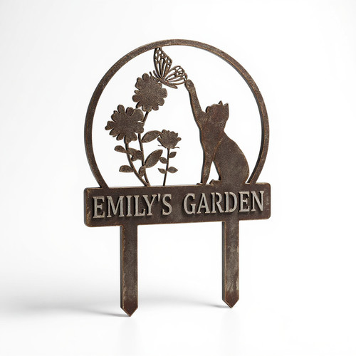 Cat with butterfly metal yard art garden stake sign, powder-coated black silhouette; personalized name plate for flower beds | Family Wall Decor