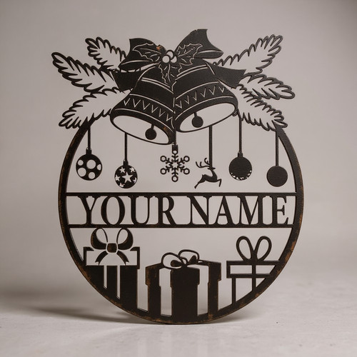 Christmas metal wall art sign with festive scene, personalized family name; holiday decor for entryway or living room wall | Family Wall Decor