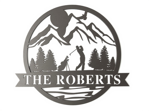 Dad golf metal sign, personalized with family name and established date, matte black cutout for man cave wall decor | Familywalldecor