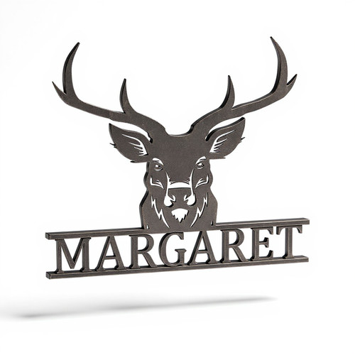 deer head metal sign with custom family name and established date, antler wall art for cabin entryway or lodge decor | Family Wall Decor