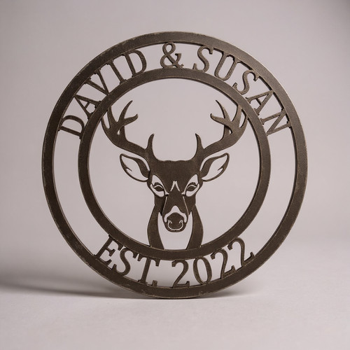 Deer head metal sign, personalized with family name; matte black wall decor with antlers motif, rustic style for cabin, lodge | Family Wall Decor