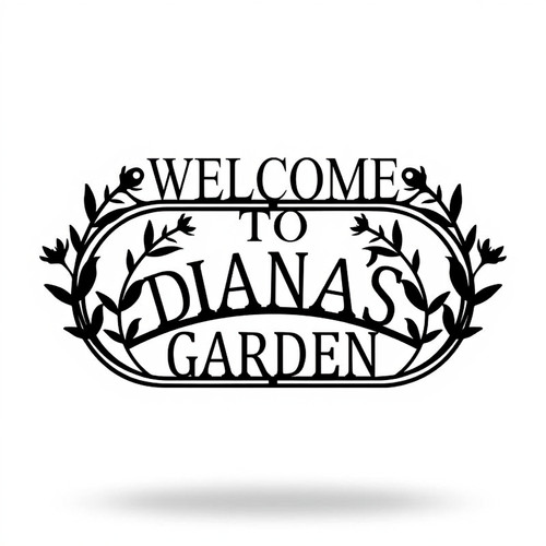 Garden welcome sign, personalized hanging metal sign with family name in script and vine motif, outdoor-ready finish | Family Wall Decor