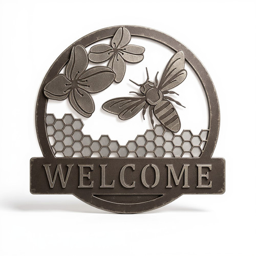 Honey bee welcome metal sign for garden decor, personalized family name, honeycomb accents for porch, patio, garden gate | Family Wall Decor