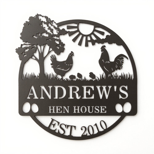 Chicken coop metal sign, farmhouse decor featuring hen, rooster, and chicks, personalized with your family or coop name | Family Wall Decor