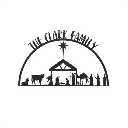 Nativity metal wall art, laser-cut silhouette of Mary, Joseph, and Baby Jesus; customizable text for Christmas decor | Family Wall Decor
