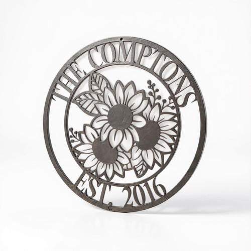 Sunflower metal sign personalized with family last name, round wall art in black powder-coated steel, farmhouse gift | Familywalldecor