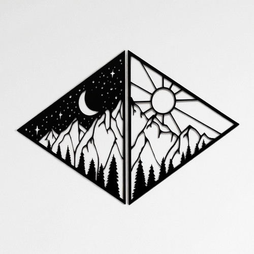 Day and night mountain scene metal wall art silhouette with sun and moon above pine trees, nature landscape for living room | Family Wall Decor CA