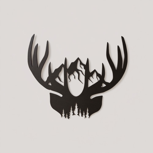 Rustic deer antlers metal wall art, matte black steel silhouette for living room wall decor, horizontal, farmhouse style | Family Wall Decor