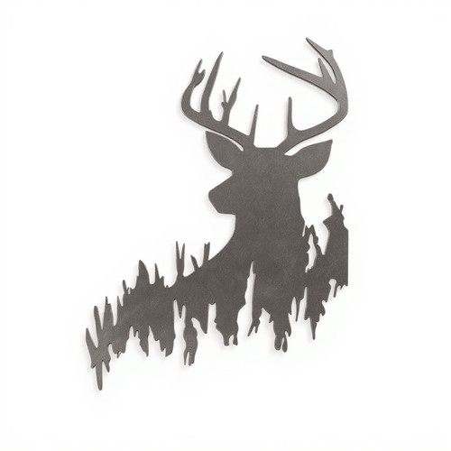 Deer in the woods metal wall art silhouette with stag and pine trees, rustic cabin decor in matte black, horizontal panel | Family Wall Decor